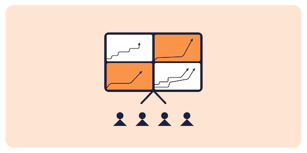 An orange illustration showing the idea of a team looking at graphs with upward trends